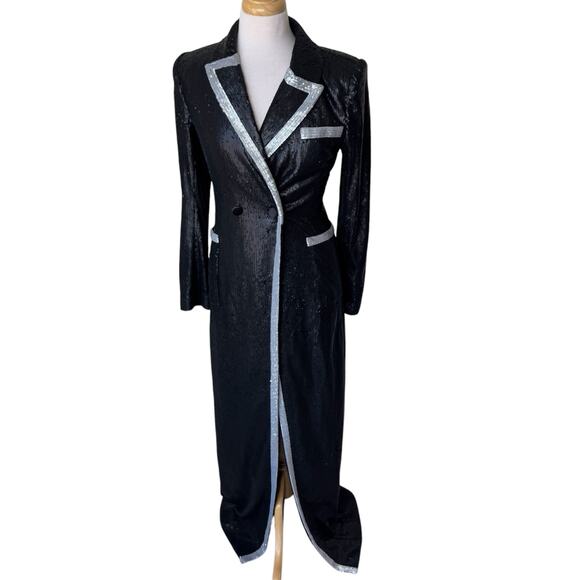 L'AGENCE Marlowe Sequined Trimmed Long Coat Black Silver Size 4 - Picture 2 of 13